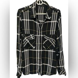 Sanctuary Boyfriend Shirt Black Plaid Snap Button Up Rayon Button Down